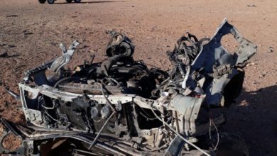 The remains of an ISIS vehicle after an attack on At Tanf deconfliction zone
