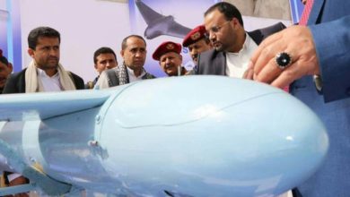 Houthi leader Saleh Alsmad unveils a Qasef-1 drone in Yemen