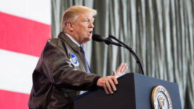 US President Donald J. Trump delivers remarks to troops at Yokota Air Base in Japan