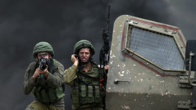 Two Israeli soldiers with armed weapons.