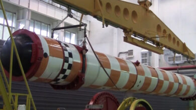 In this 2019 handout video grab released by Russian Defence Ministry, tests of Russia's Poseidon nuclear-powered underwater drone are shown at an undisclosed location, Russia
