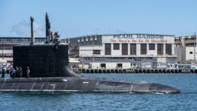 The Virginia-class fast-attack submarine USS Missouri (SSN 780) departs Pearl Harbor Naval Shipyard after completing a scheduled extended dry-docking selected restricted availability (EDSRA).