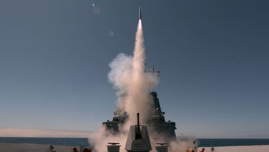 HMAS Sydney fires an Evolved Sea Sparrow Missile for the first time during Combat System Sea Qualification Trials in the Southern Californian Exercise Area off the coast of the United States.