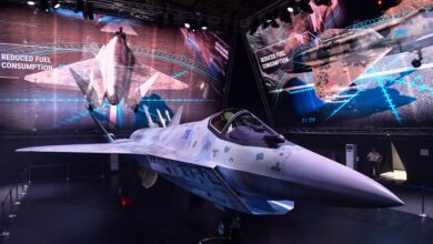 A prototype of Russia's new Sukhoi Checkmate Fighter is displayed at the MAKS 2021 International Aviation and Space Salon, in Zhukovsky, outside Moscow, Russia