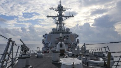 The Arleigh Burke-class guided-missile destroyer USS Benfold (DDG 65) sails through the South China Sea while conducting routine underway operations