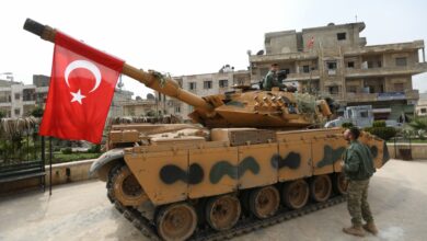 A tank belonging to Turkish soldiers and rebel Free Syrian Army fighters is seen in the Kurdish-majority city of Afrin, in northwestern Syria, after they took control of the city from the Kurdish People’s Protection Units (YPG), on March 18, 2018