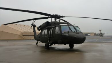 A UH-60V Black Hawk helicopter is parked on Muir Army Airfield for a ribbon-cutting ceremony for the new variant on October 6, 2021.