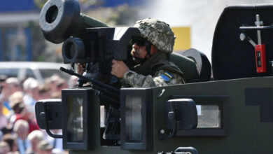 Ukrainian serviceman with Javelin anti-tank missileing a military parade
