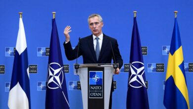 NATO Secretary-General Jens Stoltenberg speaks during a joint press with Sweden and Finland's Foreign ministers after their meeting at the NATO headquarters in Brussels