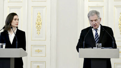 Finland's President Sauli Niinistö and Finland's Prime Minister Sanna Marin address a press conference