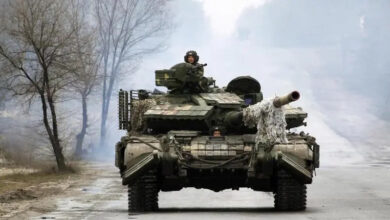 A Ukrainian tank is pictured in the Lugansk region