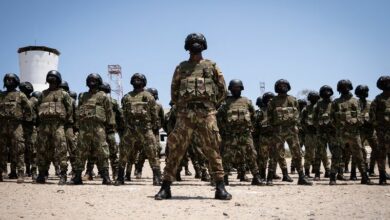 Mozambican soldiers stand at attention