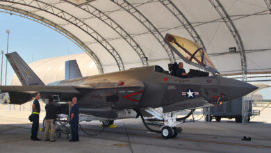 F-35C Lightning II aircraft under routine maintenance at Eglin AFB