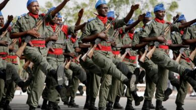 Djiboutian soldiers march during a military parade