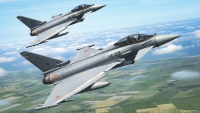 Two Spanish Air Force Eurofighter Typhoons from Albacete Air Base on a training sortie.