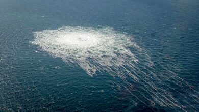 This handout picture released on September 27, 2022 by the Danish Defence Command shows the gas leak at the Nord Stream 2 gas pipeline off the Danish Baltic island of Bornholm