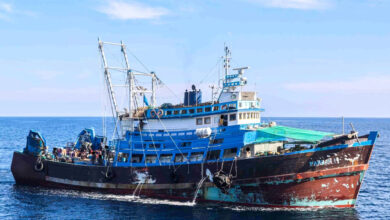 A fishing trawler intercepted by the US Navy was reportedly carrying 'significant' amounts of ammunition bound for Yemen, pictured in this US handout photograph