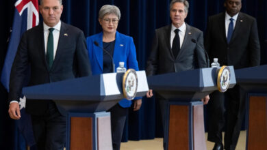 Australian Deputy Prime Minister and Defense Minister Richard Marles, Australian Foreign Minister Penny Wong, US Secretary of State Antony Blinken and US Defense Secretary Lloyd Austin arrive for a press conference in Washington