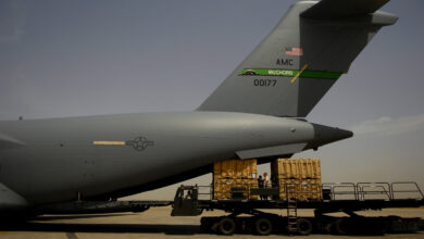 Pallets are loaded on a C-17 Globemaster III at Sather Air Base, Iraq on April 15, 2008. Temperatures in Baghdad reached over 100 degrees for the second day in a row. (U.S. Air Force photo/Tech. Sgt. Jeffrey Allen)
