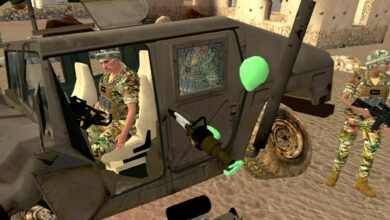 Depicted is an in-application image from a USAF combat extrication scenario developed by SimX as part of the project, in which a trainee is a hydraulic spreader to rescue wounded Warfighters from a damaged vehicle. (Image by SimX, Inc.)