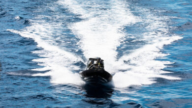 HMAS Hobart's rigid hull inflatable boat (RHIB) returns to the ship on completion of a passenger transfer with HMAS Stalwart as the ships transit through the Indonesian Archipelago during a regional presence deployment. *** Local Caption *** Three Royal Australian Navy ships are currently conducting a regional presence deployment through the Indo-Pacific region. During their deployments HMA Ships Hobart, Stalwart, and Arunta will undertake exercises and engagements with Australia's regional partners. The ships will also conduct engagements as part of Indo-Pacific Endeavour 2022, in the Philippines, Thailand and Timor-Leste. Regional presence deployments demonstrate Australia's commitment to and engagement with the region. These deployments play a vital role in Australia's long term security and prosperity by protecting Australia's interests, preserving a rules-based order, enhancing cooperation and relationships with regional partners and allies, and developing capability and interoperability.