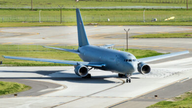 A KC-46A Pegasus arrives at Travis Air Force Base, Calif., Mar. 7, 2017. Travis was recently selected as one of the preferred locations for the next two active-duty-led KC-46A Pegasus bases. (U.S. Air Force photo/Louis Briscese)
