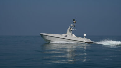 230122-N-ZA692-1374 ARABIAN GULF (Jan. 22, 2023) An L3 Harris Arabian Fox MAST-13 unmanned surface vessel sails in the Arabian Gulf, Jan. 22, during exercise Neon Defender 23. Neon Defender is an annual bilateral training event between U.S. Naval Forces Central Command and Bahrain that focuses on maritime security operations, and installation defense medical response. (U.S. Navy photo by Mass Communication Specialist 1st Class Anita Chebahtah)
