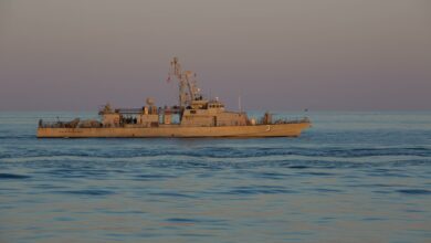 STRAIT OF HORMUZ (Feb. 8, 2019) The Cyclone-class coastal patrol ship USS Hurricane (PC 3) navigates through the Strait of Hormuz. Hurricane is forward deployed to the U.S. 5th Fleet area of operations in support of naval operations to ensure maritime stability and security in the Central region, connecting the Mediterranean and the Pacific through the western Indian Ocean and three strategic choke points. (U.S. Army photo by Spc. Dakota Young/Released)