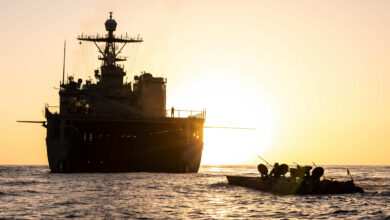 A U.S. Marine Corps Amphibious Combat Vehicle with 3rd Assault Amphibian Battalion, 1st Marine Division, moves toward the USS Harpers Ferry during Steel Knight 23 off the coast of Marine Corps Base Camp Pendleton, California, Nov. 29, 2022. ACV’s are currently authorized to conduct waterborne operations in open and protected waters, while surf zone transit testing is ongoing. Steel Knight is an annual combined arms live-fire exercise which ensures 1st MARDIV is optimized for naval expeditionary warfare in contested spaces, and is purpose-built to facilitate future operations afloat and ashore. (U.S. Marine Corps photo by Cpl. Cameron Hermanet)