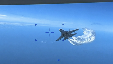 Screenshot of video the US released it said shows an "unsafe" and "unprofessional" intercept by Russian military jets of an US MQ-9 Reaper.