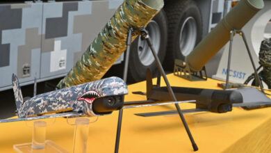 Taiwan's locally made loitering munition drone is seen on display at the National Chung-Shan Institute of Science and Technology