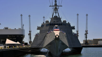 230331-N-AS200-0021 PORT HUENEME, Calif. (Mar. 31, 2023) The Independence-class variant littoral combat ship USS Santa Barbara (LCS32), is in port onboard Naval Base Ventura County (NBVC) for her Commissioning Ceremony, Mar. 31. NBVC is a strategically located Naval installation composed of three operating facilities: Point Mugu, Port Hueneme and San Nicolas Island. NBVC is the home of the Pacific Seabees, West Coast E-2D Hawkeyes, 3 warfare centers and 80 tenants. (U.S. Navy photo by Ensign Drew Verbis/Released)