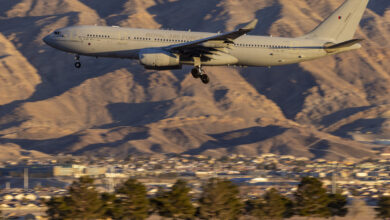Image shows a. RAF Voyager from RAF Brize Norton landing at Nellis Air Force Base during Red Flag 23-1. A Royal Air Force detachment, operating from Nellis Air Base Nevada, is honing its cutting-edge air combat skills in the largest scale Exercise Red Flag to date. Exercise Red Flag is the pre-eminent annual air combat training exercise run by the United States. The United States Air Force has expanded this long-established exercise to include a vastly increased geographical area to challenge participants to overcome what USAF planners are calling the Tyranny of Distance in addition to the traditional combat air missions of previous exercises. The Exercise has previously been run over the Nevada Test and Training Range and area of 12,000 square miles of airspace and 2.9 million acres of land. Now training areas in Utah and California have been added, as well as missions being flow out over the Californian Pacific Coast. The exercise area has therefore become vast and is aimed to reflect the challenges of conducting air operations at range The RAF detachment of around 300 personnel currently taking part on the exercise is operating seven Typhoons from RAF Lossiemouth based II (Army Co-operation) Squadron, plus a Voyager operated from 10 and 101 Squadron based at RAF Brize Norton. In addition, aircrew from 51 Squadron based at RAF Waddington have been integrated into the flight crew of a USAF RC-135 Rivet Joint intelligence gathering aircraft. Australia is the only other nation participating, reflecting the close Defence partnership between our three countries.