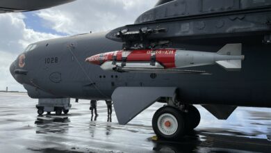 An inert Joint Direct Attack Munition QuickStrike Extended Range mine is attached to a US Air Force B-52H Stratofortress assigned to the 49th Test and Evaluation Squadron, Barksdale Air Force Base, in early March, 2023