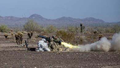 A Javelin missile launch motor ignites as infantryman fire it downrange using the Lightweight Command Launch Unit while operationally testing at Yuma Proving Ground, Arizona