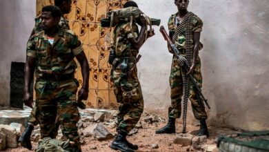 A group of heavily armed Ethiopian soldiers deployed in Somalia as part of the African Union peacekeeping mission patrol in Beledweyne, Somalia