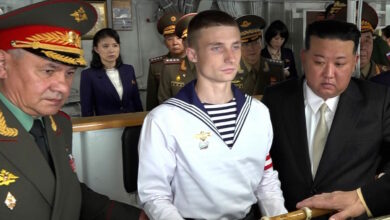 In this video grab taken from a handout footage released on September 16, 2023 by Russian Defence Ministry, North Korea's leader Kim Jong Un and Russia's Defence Minister Sergei Shoigu visit the Marshal Shaposhnikov frigate of the Russian Pacific Fleet in Vladivostok