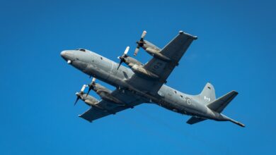 A CP-140 Aurora aircraft, call sign Demon 02, patrols the Mediterranean Sea