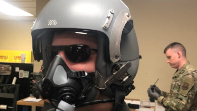 A B-52 Stratofortress aircrew member participating in a laser eye protection test. Eyewear devices include separate day and night spectacles, ballistics spectacles, and visors designed to integrate with night vision goggles. (U.S. Air Force courtesy photo)