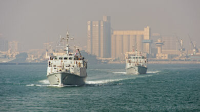 HMS Penzance leads HMS Shoreham out of Mina Salman Port in Bahrain whilst deployed on Op KIPION. The ships are both Sandown Class minehunters, each crewed by a dedicated team of 41. From specially trained divers to remote mine disposal system experts, this courageous unit detects and destroys hidden dangers all over the globe.