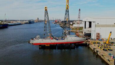 MOBILE, Ala. - 231213-N-N2201-001 MOBILE, Ala. -- The U.S. Navy’s newest Overlord Unmanned Surface Vessel Vanguard (OUSV3), launched from Austal USA’s shipyard in Mobile, Ala, Dec. 13, 2023. Vanguard is the first USV for the Navy purpose-built for autonomous operations from the keel-up. (Photo courtesy of Austal USA / RELEASED)