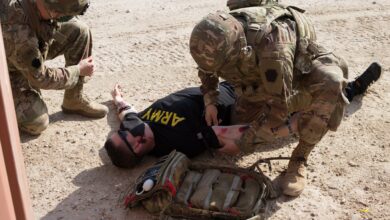 U.S. Soldiers with 2-104th General Support Aviation Battalion, 28th Expeditionary Combat Aviation Brigade perform medical training at an airfield in the 28th ECAB's area of operations in the Middle East. The training included trauma assessment, chest tube placement and team trauma scenarios. (U.S. Army photo by Sgt. Eric Smith)