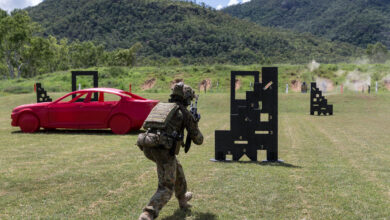 Australian Army officer Lieutenant Andrew Davis from 3rd Battalion, Royal Australian Regiment, runs forward on the combat marksmanship range at Mount Stuart military training area on 7 March 2017. *** Local Caption *** Australian Army soldiers from Townsville's 3rd Brigade are receiving advanced combat shooting skills training at Mount Stuart military training area from 6 - 10 March 2017. The training, conducted by School of Infantry instructors, is using innovative teaching techniques with the latest shooting range technologies to provide the regular infantry soldiers with a near-real immersive combat environment to develop combat shooting skills. After the five-day course, the 3rd Brigade soldiers will continue to impart their knowledge to their sections before deploying to Iraq later this year.
