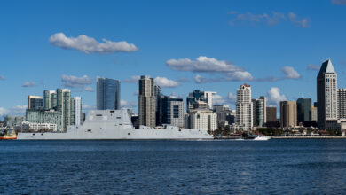 181207-N-LN093-1003 SAN DIEGO (Dec. 7, 2018) The guided-missile destroyer Pre-Commissioning Unit (PCU) Michael Monsoor (DDG 1001) transits the San Diego Bay. The future USS Michael Monsoor is the second ship in the Zumwalt-class of guided-missile destroyers and will undergo a combat availability and test period. The ship is scheduled to be commissioned into the Navy Jan. 26, 2019, in Coronado, Calif. (U.S. Navy photo by Mass Communication Specialist 2nd Class Jasen Moreno-Garcia/Released)