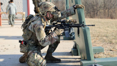 A Soldier from the 2-506, 101st Airborne Division don the Enhanced Night Vision Goggle (ENVG-B), Nett Warrior, and Family of Weapons Sight – Individual (FWS-I) during a live fire test event at a Soldier Touchpoint at Aberdeen Proving Ground, MD in February 2021.