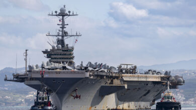 NAVAL SUPPORT ACTIVITY SOUDA BAY, Greece (Feb. 6, 2025) The Nimitz-class aircraft carrier USS Harry S. Truman (CVN 75) arrives at the NATO Marathi Pier Complex in Souda Bay, Crete, Greece, during a scheduled port visit on Feb. 6, 2025. NSA Souda Bay provides logistical and operational support to the components of the Harry S. Truman Carrier Strike Group, which arrived in the Eastern Mediterranean after two months of combat operations in the U.S. Central Command area of responsibility. NSA Souda Bay is an operational ashore installation that enables and supports U.S., Allied, Coalition, and partner nation forces to preserve security and stability in the European, African, and Central Command areas of responsibility. (U.S. Navy photo by Mass Communication Specialist 2nd Class Andrew Eder)