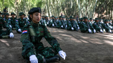 KNDF soldiers in the jungle during the Graduation Ceremony of Karenni Nationalities Defense Force (KNDF) battalions, Karenni (Kayah) State, Burma, 7th February 2024. Soldats des KNDF dans la jungle, durant une ceremonie de remise de diplomes de bataillons des Forces de Defense des Nationalites Karenni, Etat de Karenni (Kayah), Birmanie, le 7 fevrier 2024. (Photo by Oliver Petrie / Hans Lucas / Hans Lucas via AFP)