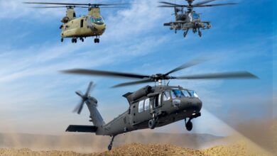 CH-47F Chinook, UH-60M Black Hawk, and AH-64E Apache helicopters