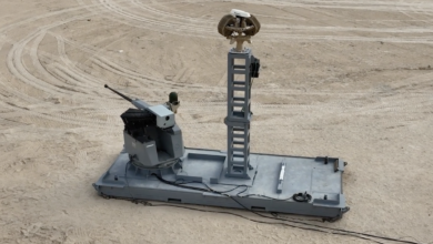 The Typhoon 30 Remote Weapon System used to counter drones during a test in the desert.