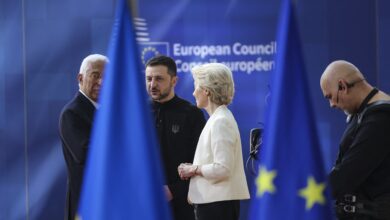President of Ukraine Volodymyr Zelensky alongside European Commission President Ursula von der Leyen and the President of the European Council Antonio Costa